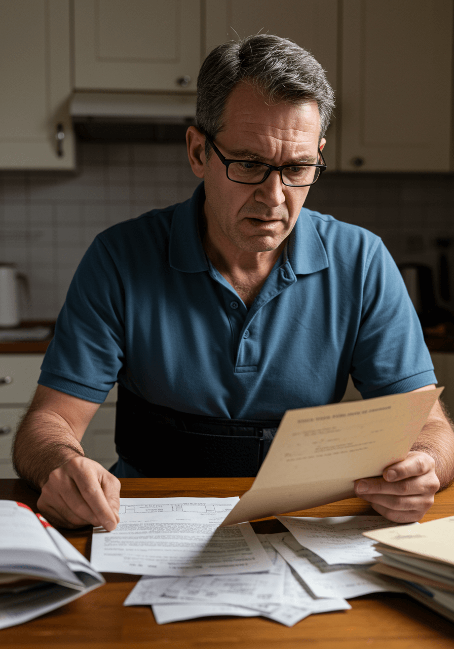 A frustrated worker with a back brace reviewing legal documents