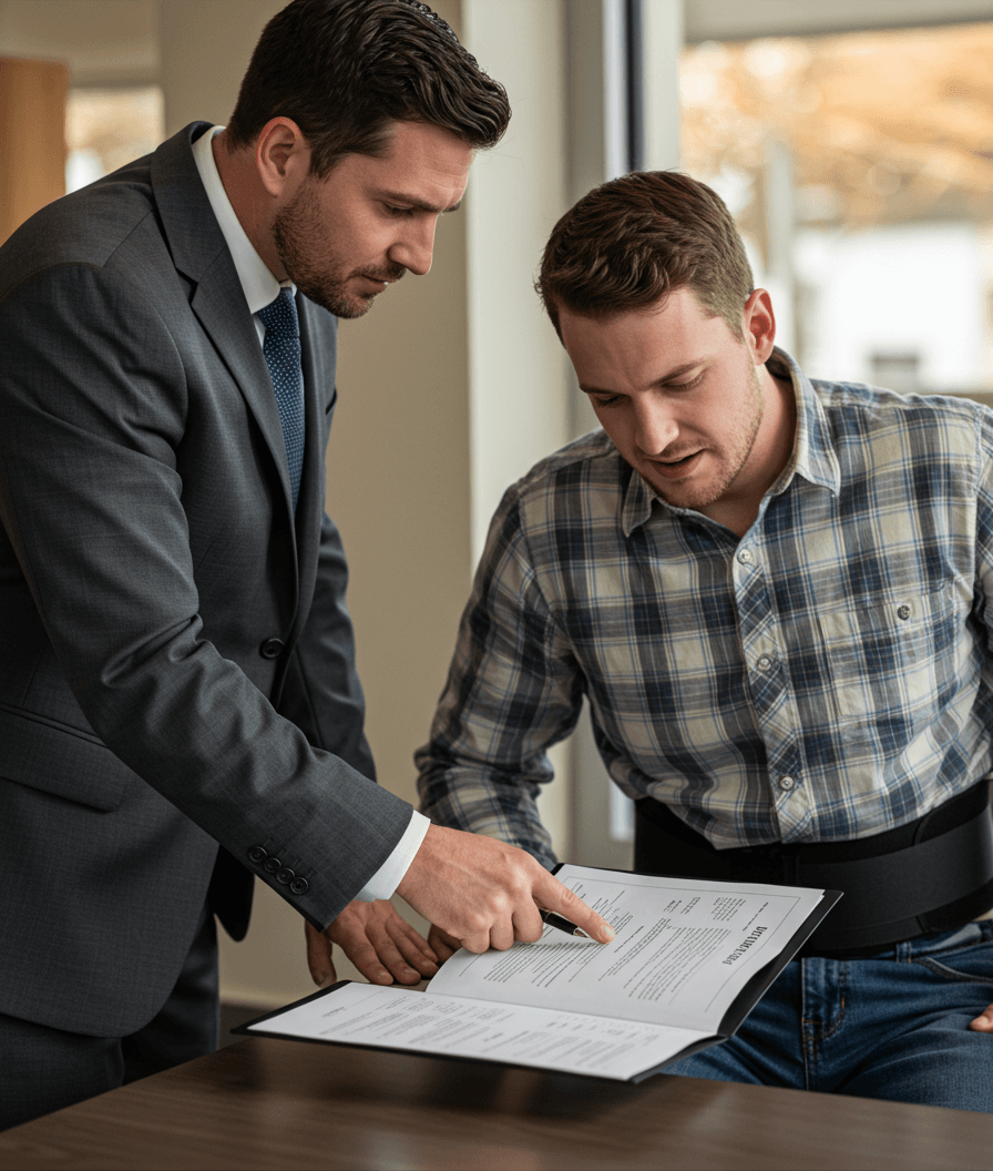 Attorney reviewing documents with an injured man in a back brace