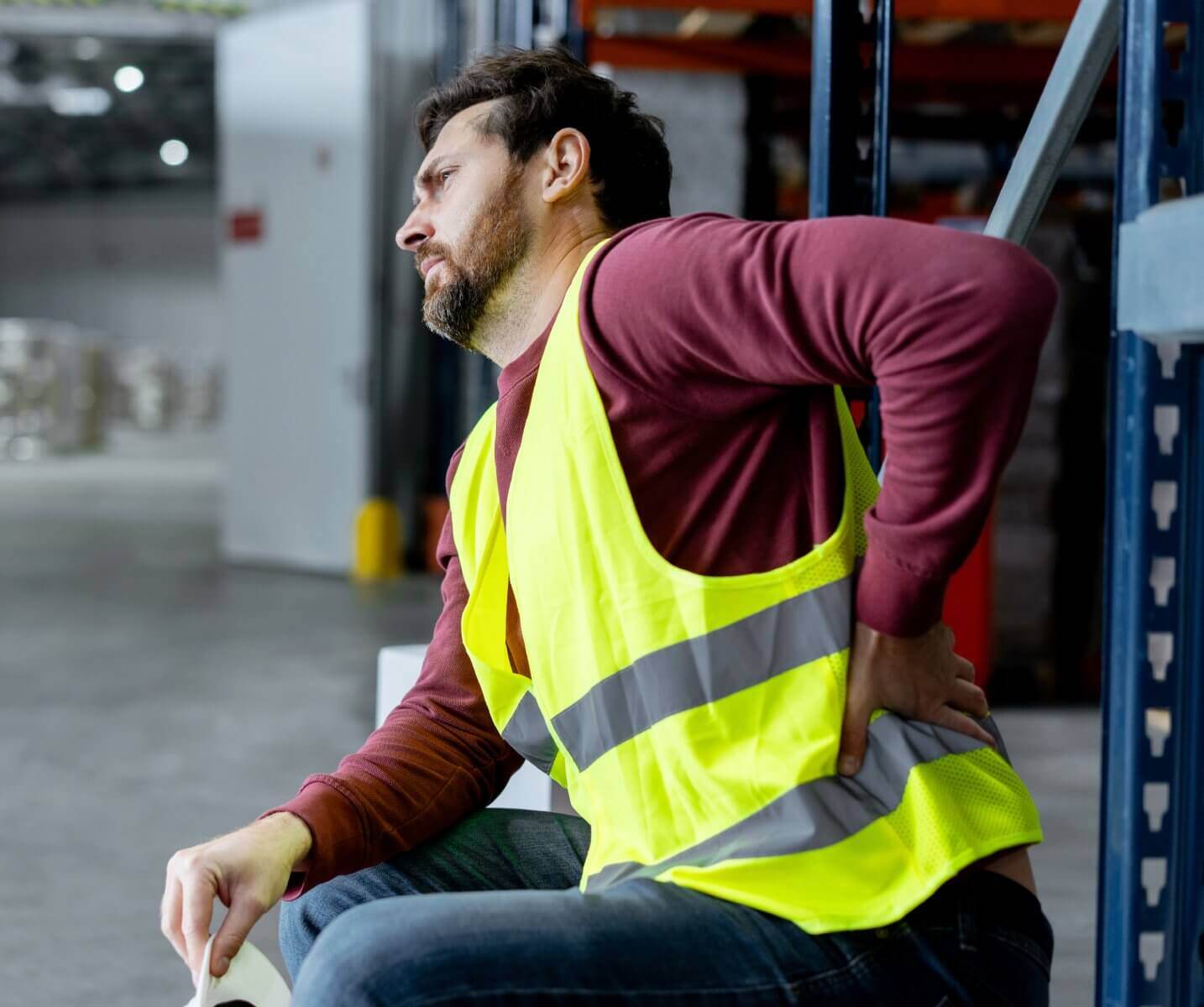Warehouse worker in a safety vest sits on a bench, holding his lower back in pain.