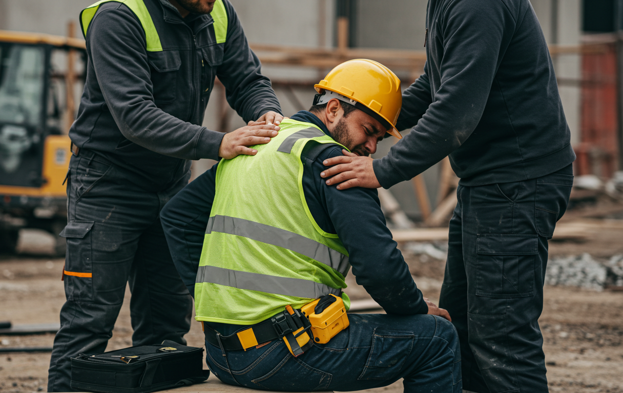 Worker who sustained a back injury, being attended to by 2 coworkers